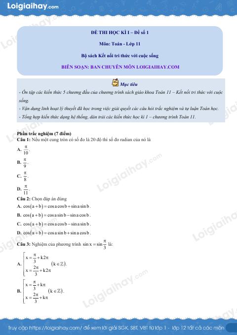 Đề thi học kì 1 Toán 11 Kết nối tri thức - Đề số 1